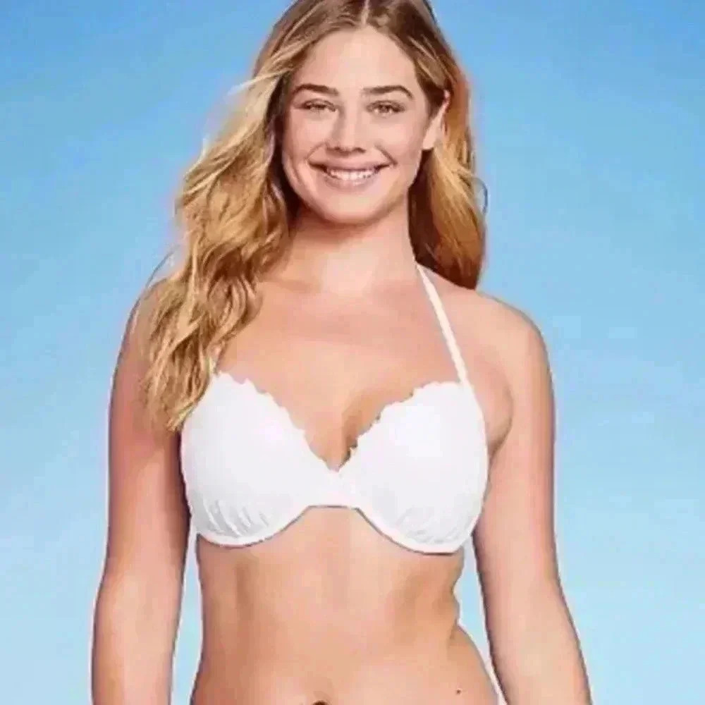 Shade & Shore White Scalloped Halter Bikini Top - Feminine Halter